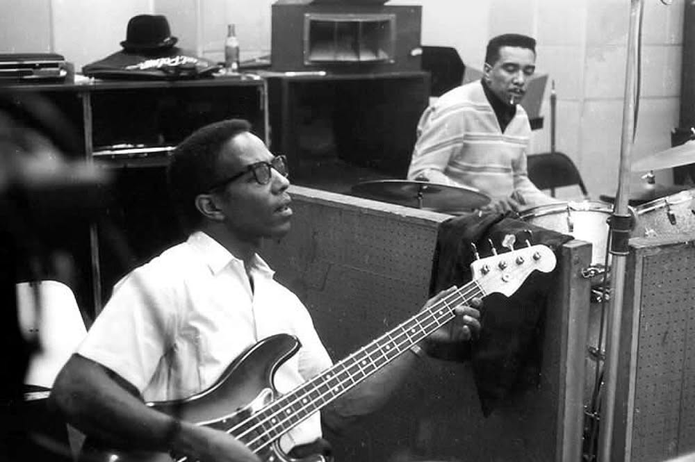 Bob West and Earl Palmer of the Wrecking Crew at Gold Star Studios, Hollywood in the 1960s.
West arranged "I'll Be There" for The Jackson 5, a song he co-wrote. Earl Palmer was one of the unsung great session drummers, first in New Orleans, and then, Hollywood.