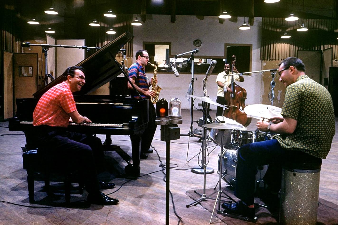 The Dave Brubeck Quartet at Columbia's 30th Street Studios in 1959.
Dave Brubeck, alto saxophonist Paul Desmond, bassist Gene Wright and drummer Joe Morello.