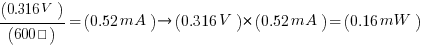 (0.316V)/(600Ω)=(0.52mA) right (0.316V)*(0.52mA)=(0.16mW)
